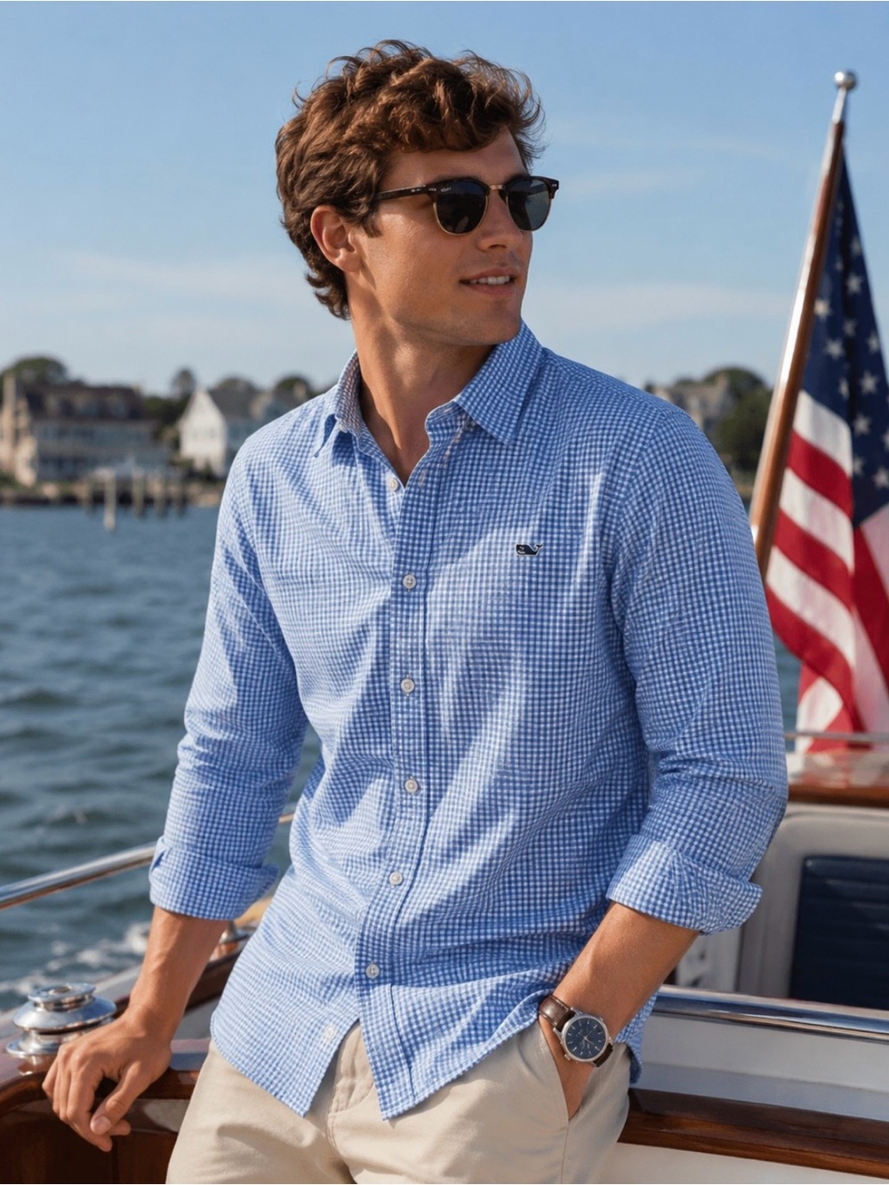 Vineyard Vines Men’s Blue Gingham Whale Button Down Shirt Classic Fit Long Sleev